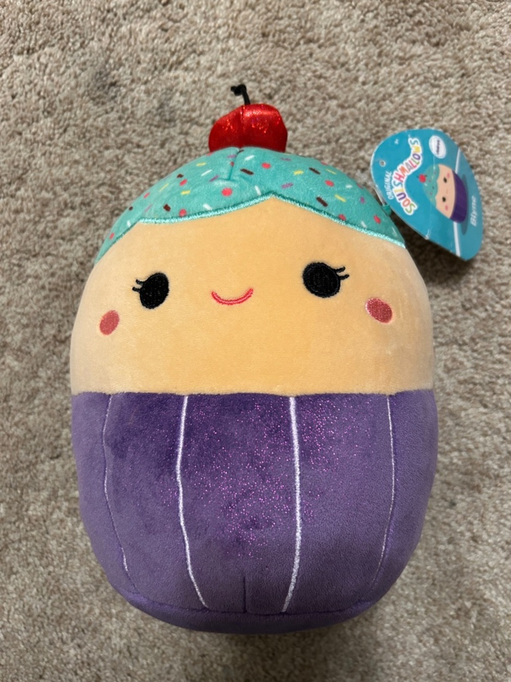 Squishmallows Purple Cupcake with Teal Frosting and Red Cherry